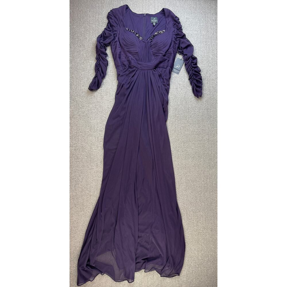 NWT Adrianna Papell Formal Dress Gown Ruched Long Sleeve Purple Size 8